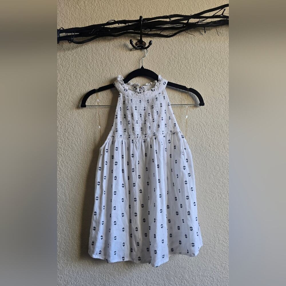 White Sleeveless Halter Top with Black Pattern